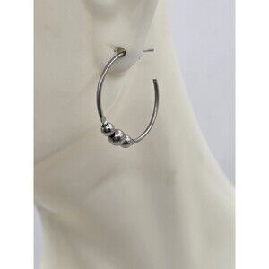 Metal Hoop Earring 3 Beads Pierced Silvertone 1"